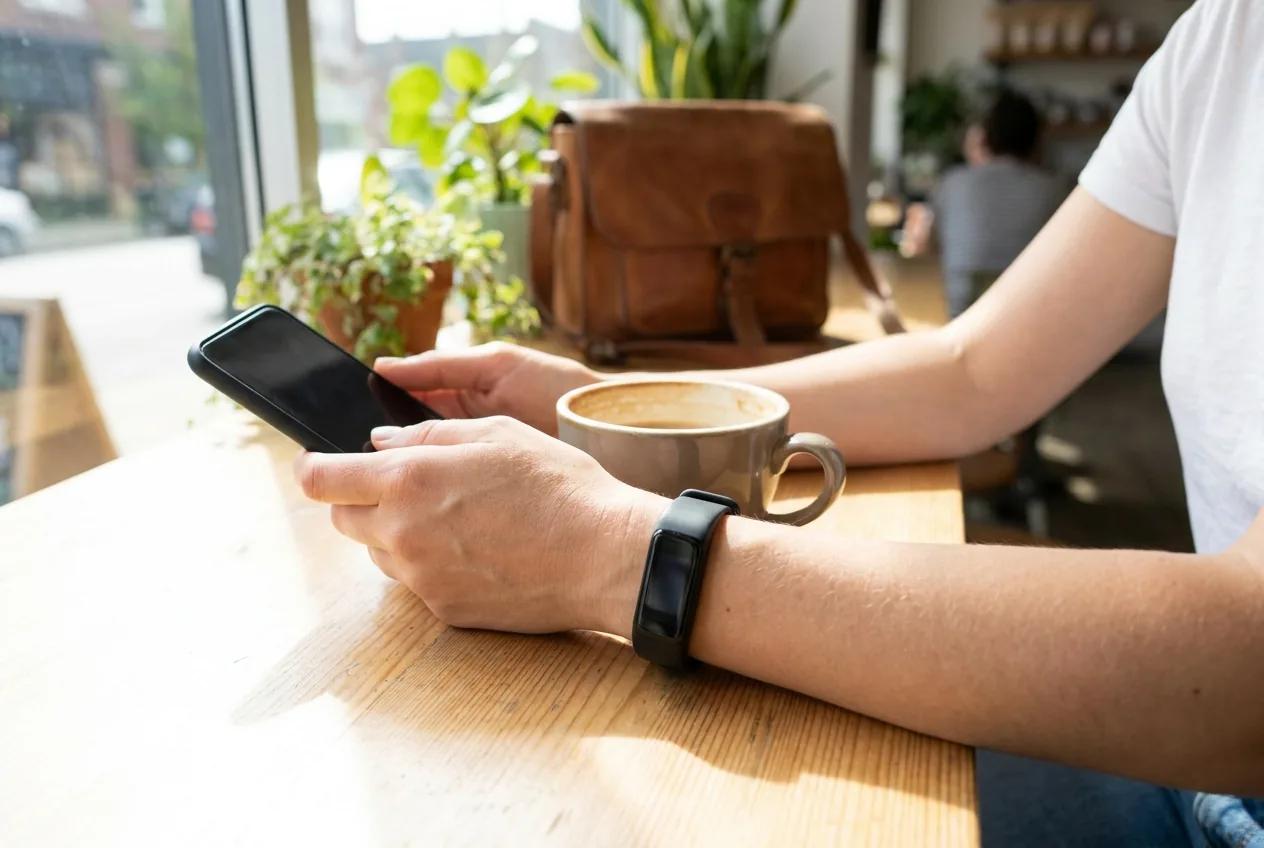 Hands holding a phone face-down on a sunlit cafe table, a fitness watch on the wrist, screens dark.