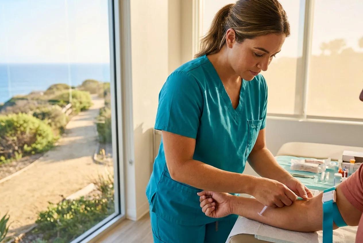 A phlebotomist drawing blood from a seated patient's arm in a bright modern clinic room.