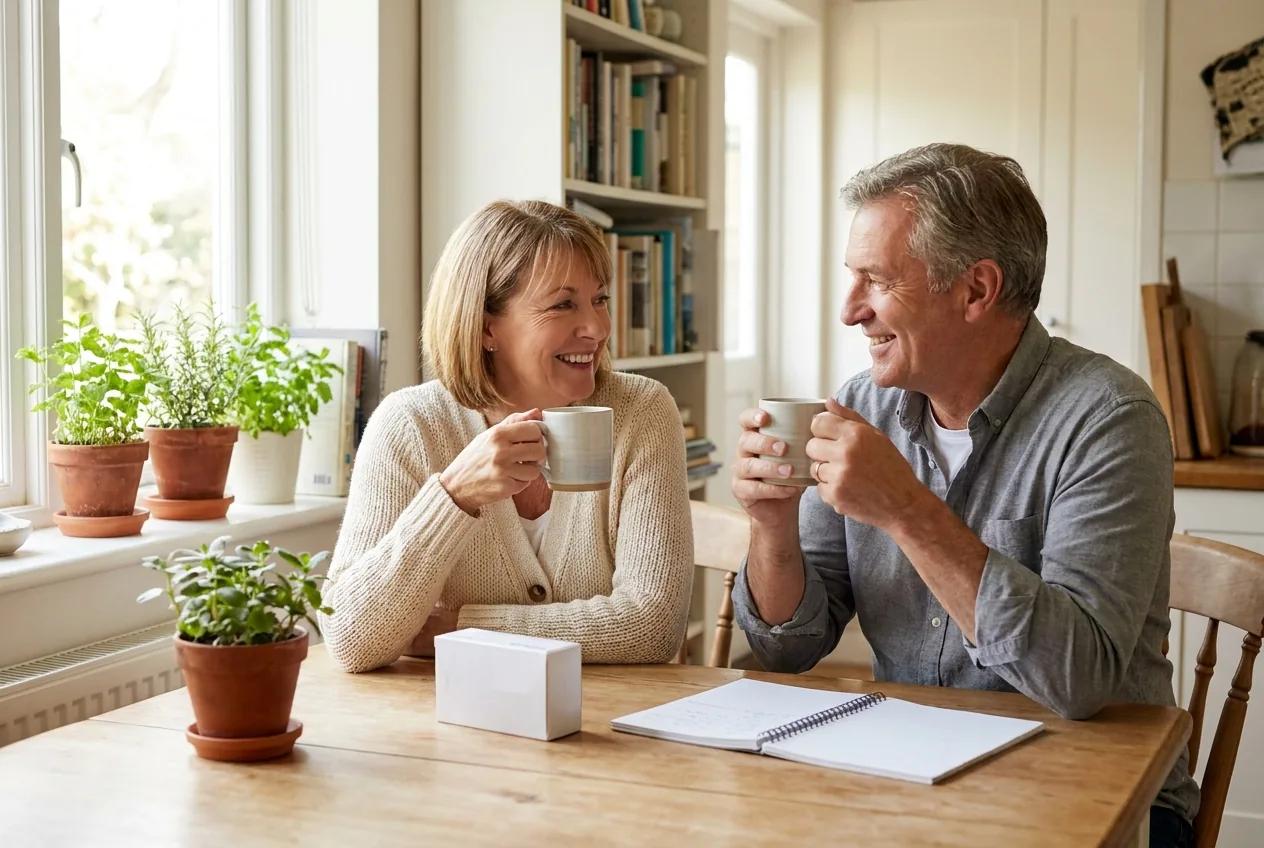 A woman and a man in their fifties talking over mugs of tea at a bright kitchen table, a notebook open between them.
