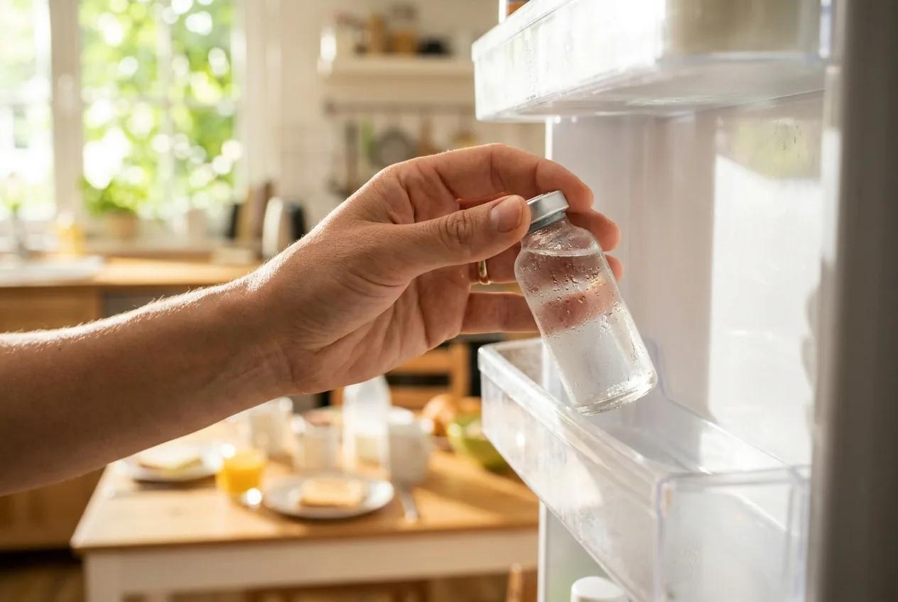 A hand taking a small glass vial from a fridge door shelf, condensation on the glass.
