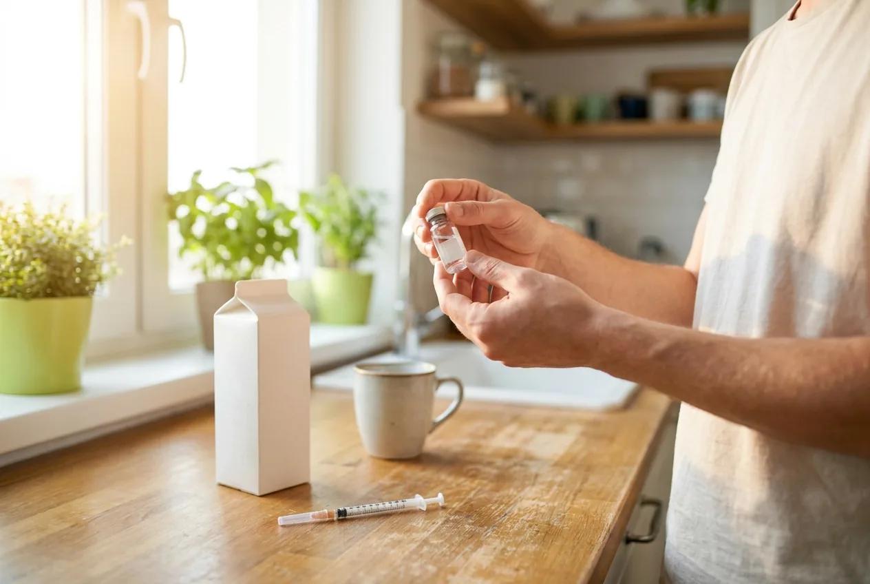 Hands holding a small glass vial up to the light at a kitchen counter, a syringe and plain carton beside them.
