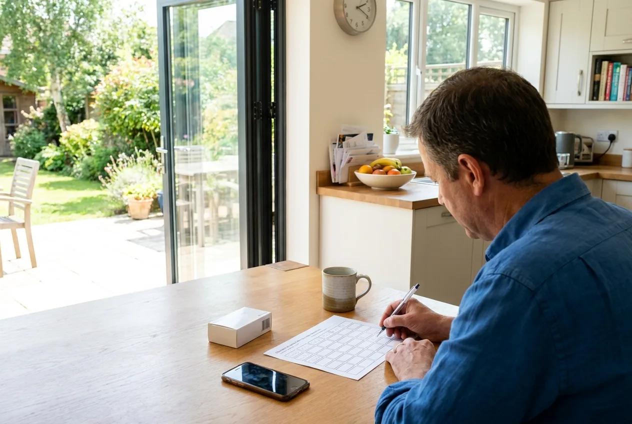 A man at a kitchen table in morning light filling in a blank printed grid with a pen, a mug and a plain unlabelled medicine box beside him.