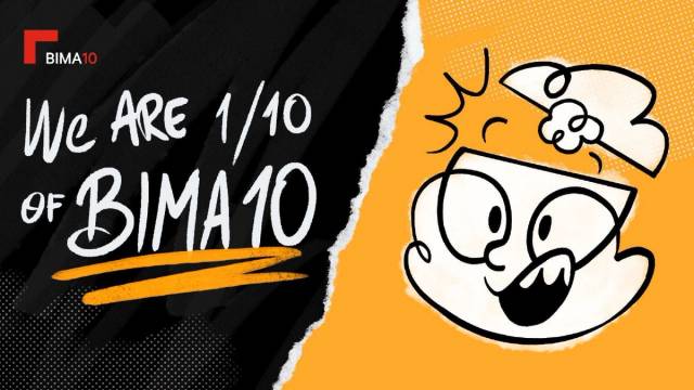 text saying we are 1 of 10 of BIMA10 with a character being surprised and their head exploding from excitement.