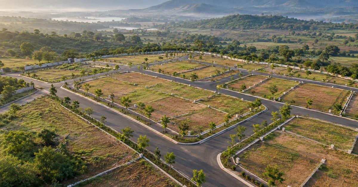 Aerial view of a gated residential plot layout with internal roads near the Sahyadri hills