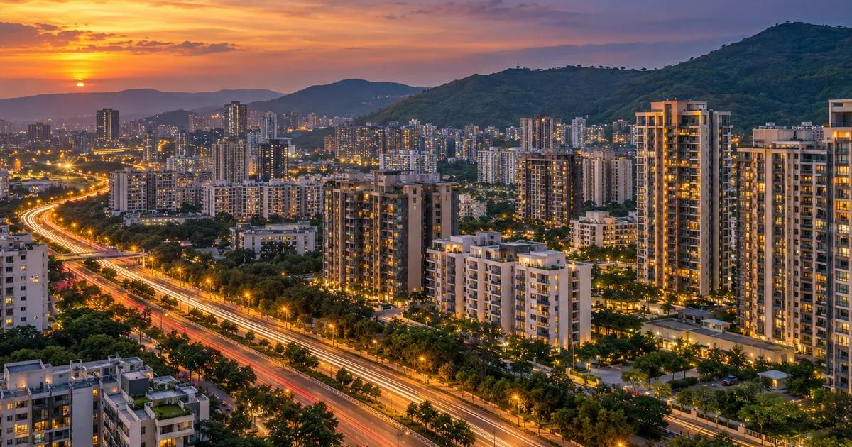 Dusk view of West Pune apartment towers and a busy highway with the hills behind