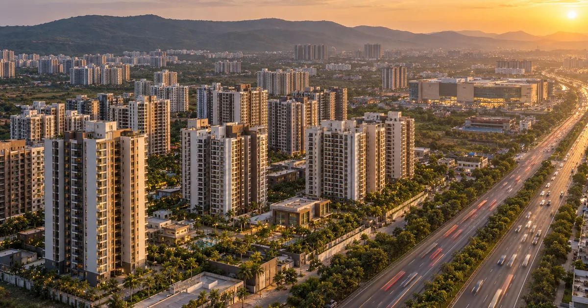 Aerial view of high-rise apartments and a highway in Pimpri-Chinchwad at golden hour