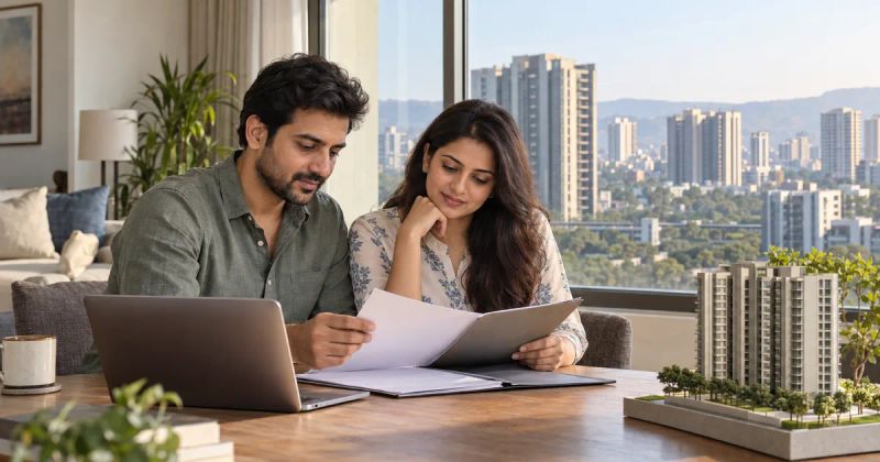 A couple in Pune reviewing property documents and a laptop beside an apartment tower model