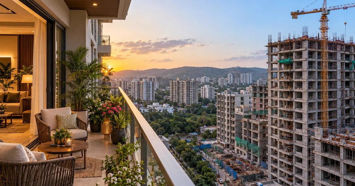 A finished apartment balcony beside a residential tower under construction in West Pune