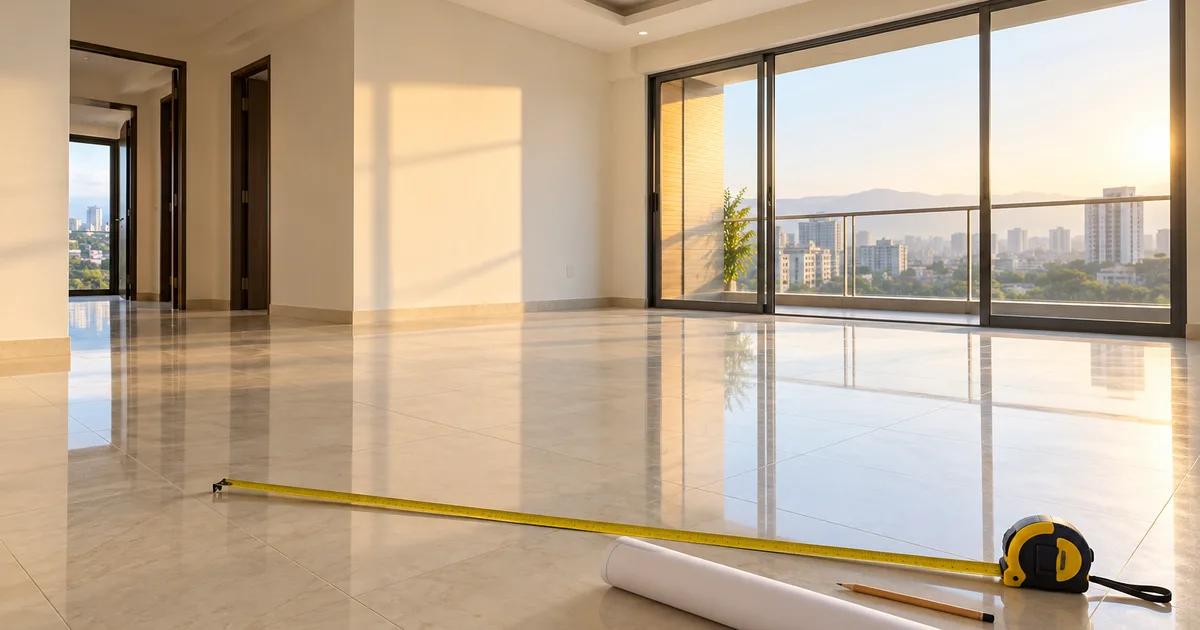 An empty apartment living room with a measuring tape and blueprint roll on the floor