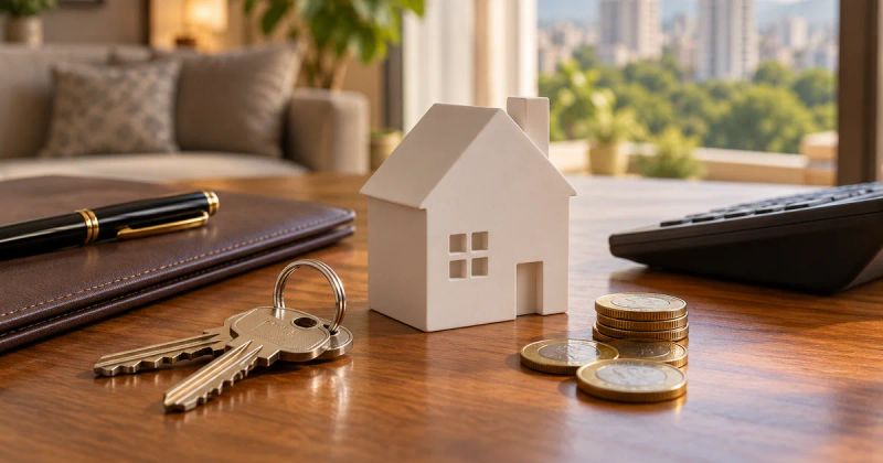 House keys, a model house, coins and a calculator on a desk