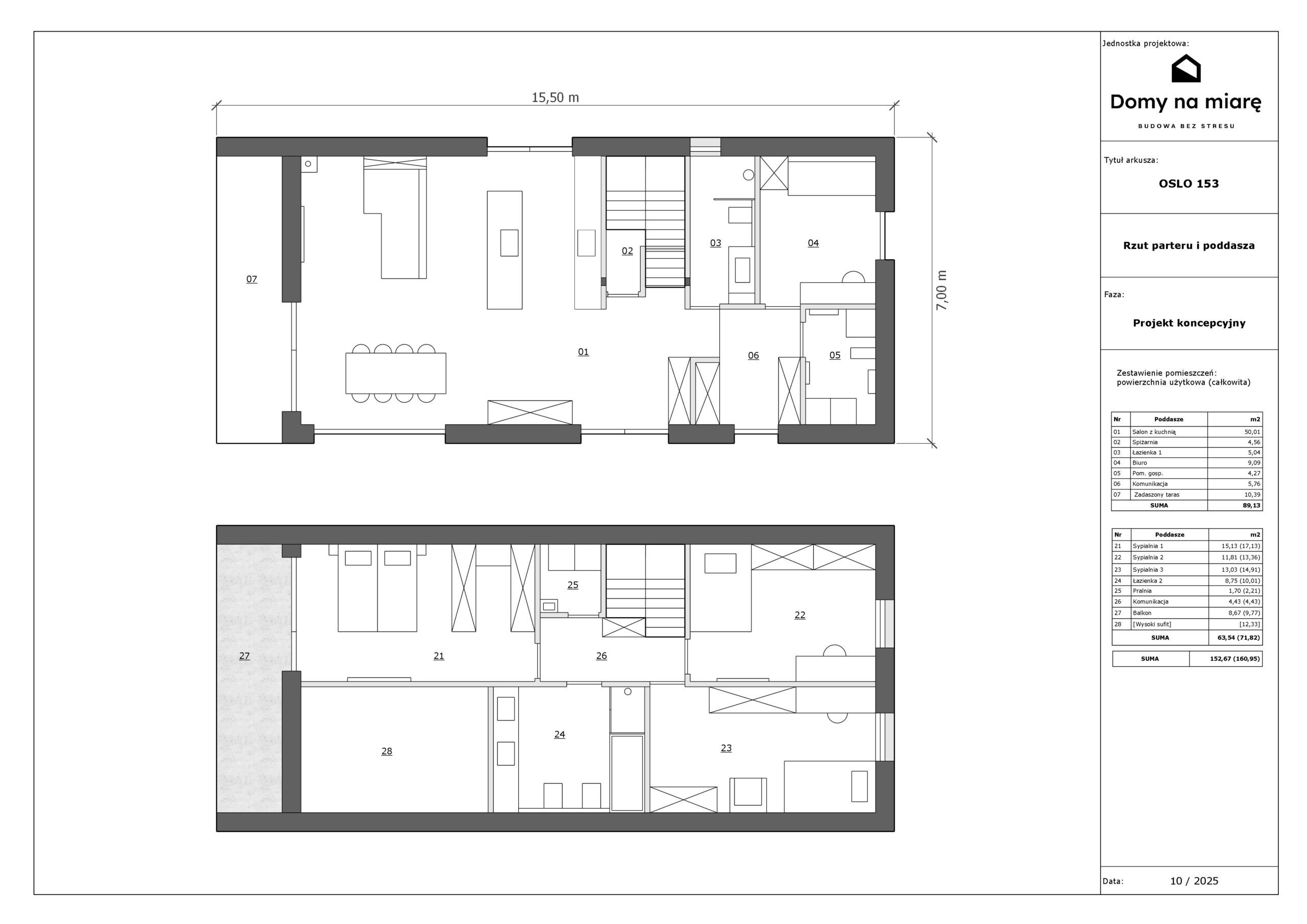 Rzut parteru i piętra domu Oslo 153 — projekt koncepcyjny z zestawieniem pomieszczeń