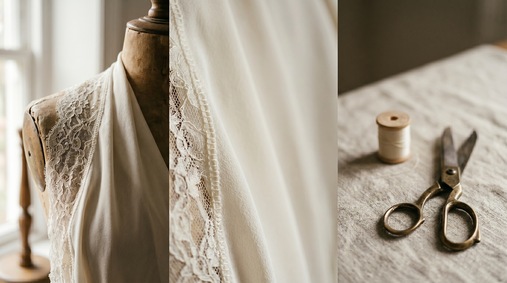 Ivory silk and fine lace draped over a vintage wooden dressform, with brass scissors and a spool of thread on a linen-covered table