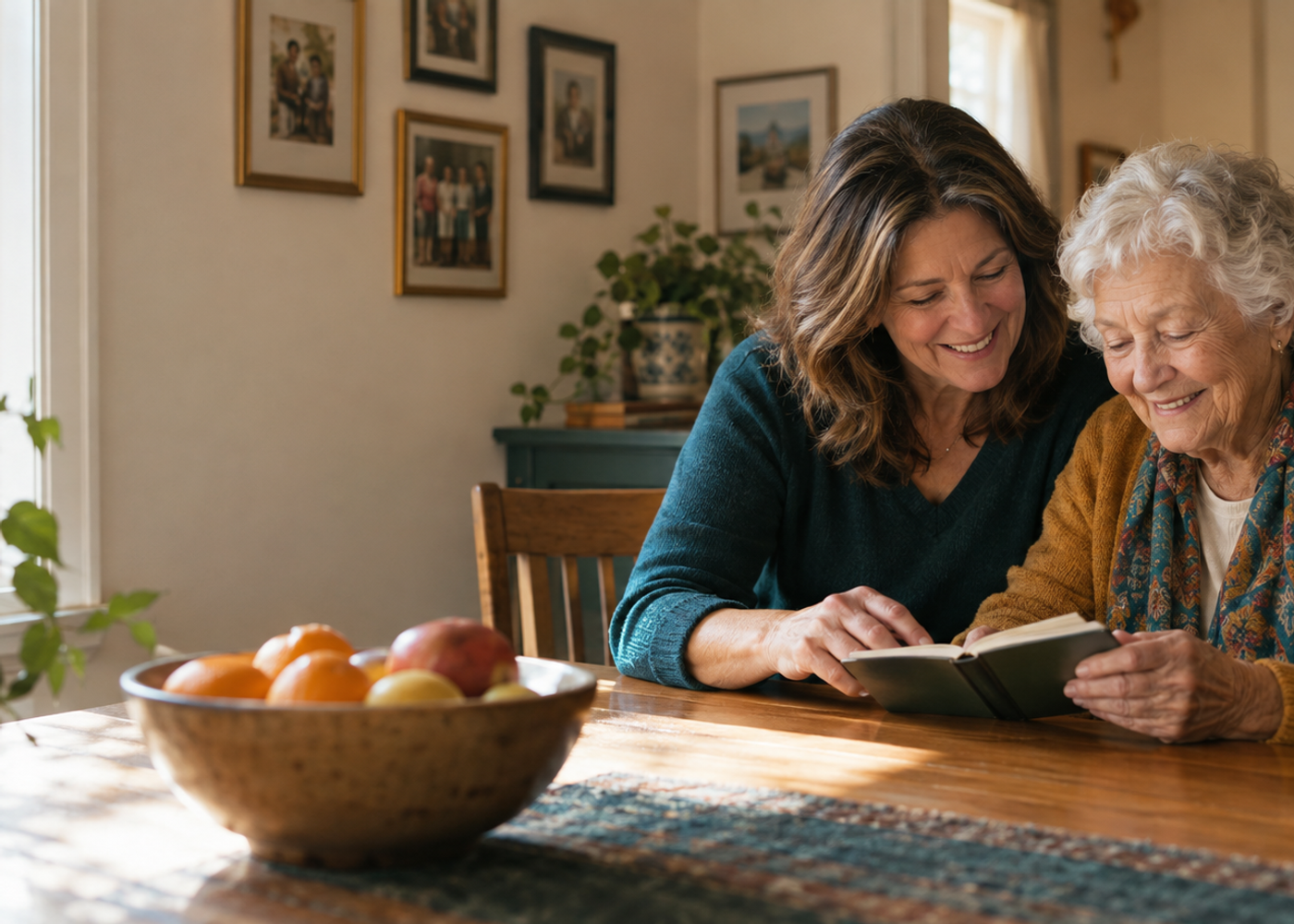 Adult daughter and her elderly mother researching SFC
