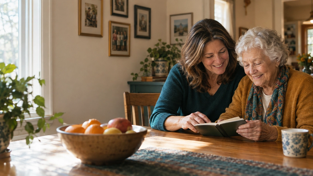 Adult daughter and her elderly mother researching SFC