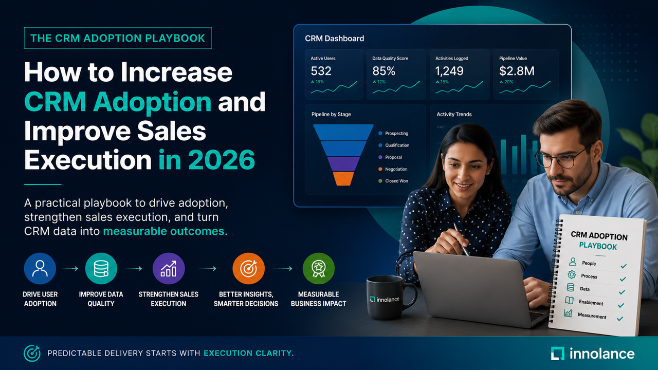 Illustration of a CRM adoption strategy showing sales professionals collaborating around a CRM dashboard with analytics, pipeline metrics, and customer data. The visual highlights user adoption, data quality, sales execution, and measurable business outcomes through a structured CRM adoption playbook.
