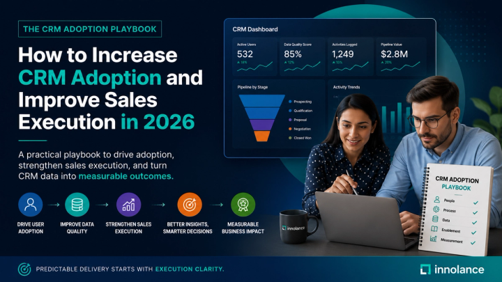 Illustration of a CRM adoption strategy showing sales professionals collaborating around a CRM dashboard with analytics, pipeline metrics, and customer data. The visual highlights user adoption, data quality, sales execution, and measurable business outcomes through a structured CRM adoption playbook.