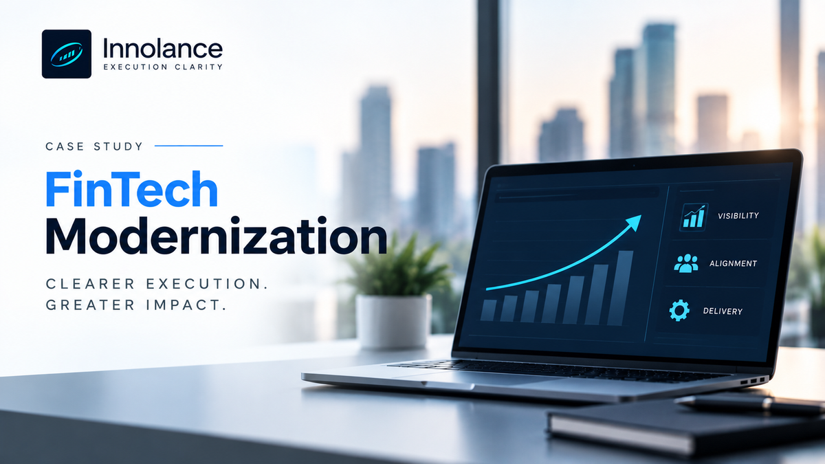 FinTech modernization case study illustrating improved execution visibility, team alignment, and predictable delivery at scale.