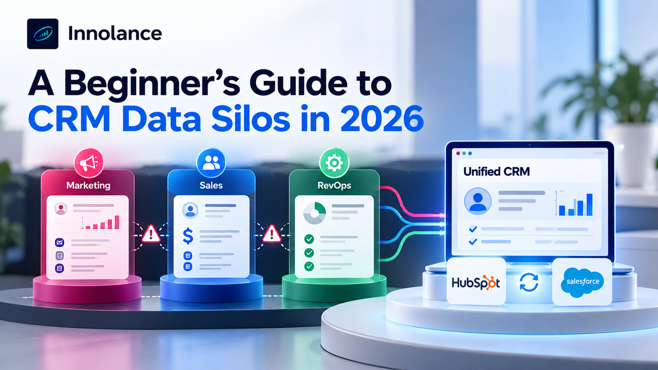 Illustration showing CRM data silos across marketing, sales, and RevOps, with disconnected workflows converging into a unified CRM dashboard through HubSpot and Salesforce integration.