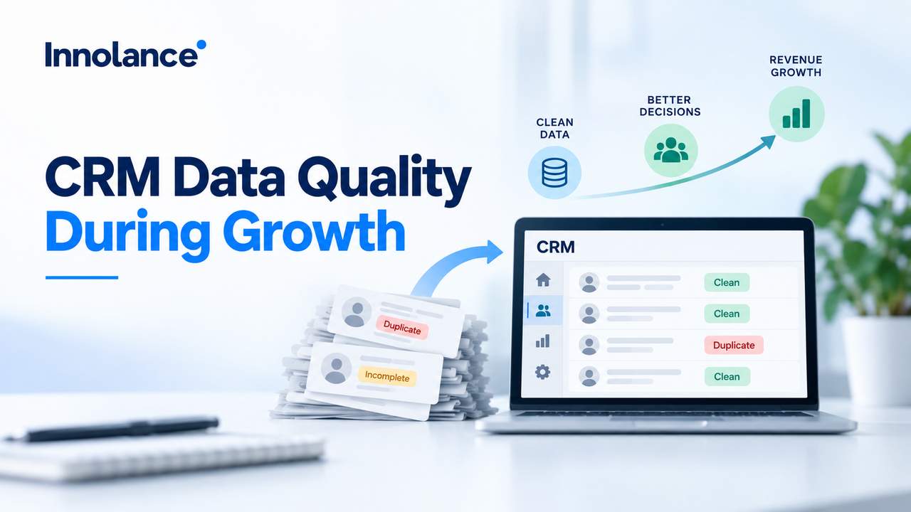 CRM dashboard showing duplicate and incomplete records being cleaned to improve CRM data quality, decision-making, and revenue growth.