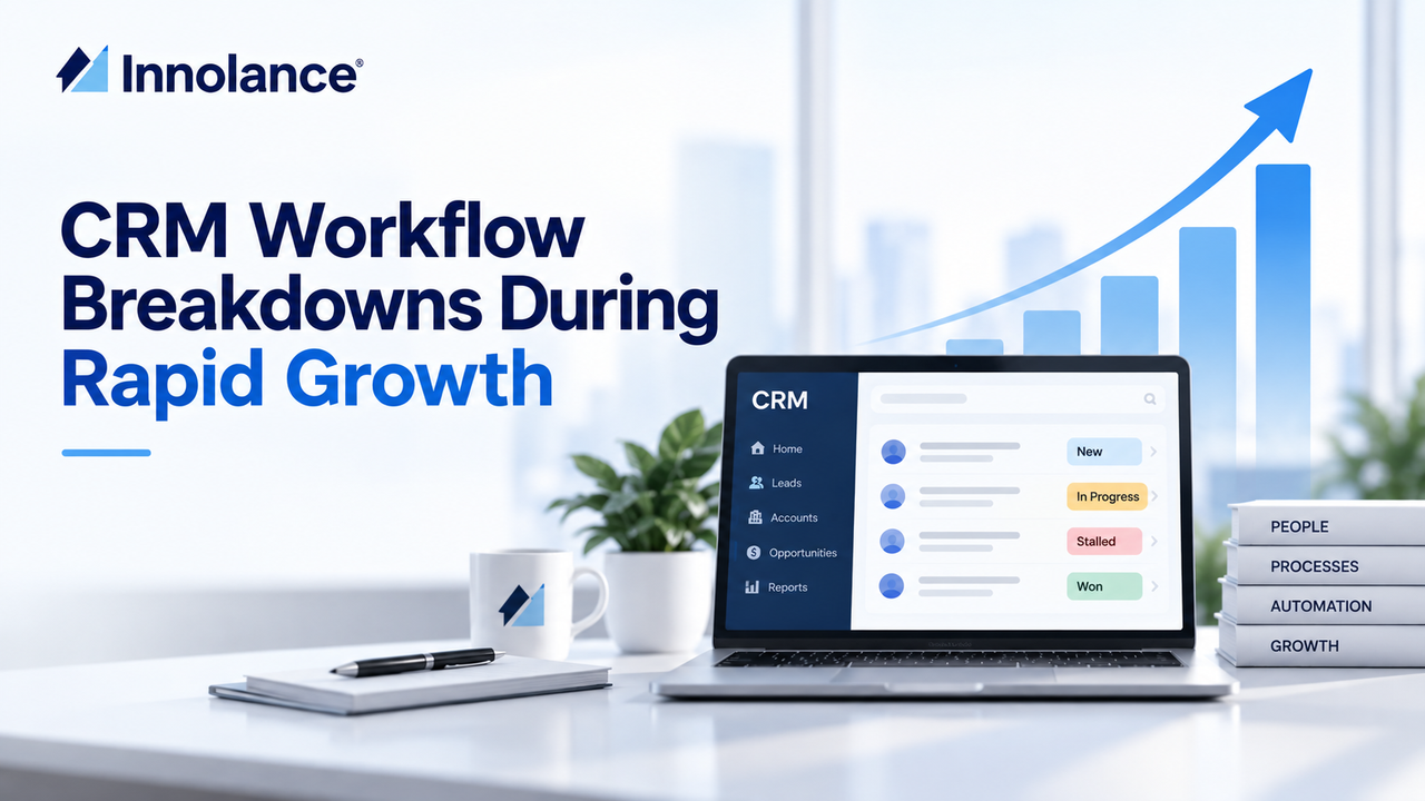 CRM workflow breakdowns during rapid growth, showing a CRM dashboard, sales pipeline stages, automation, processes, and increasing revenue operations complexity.
