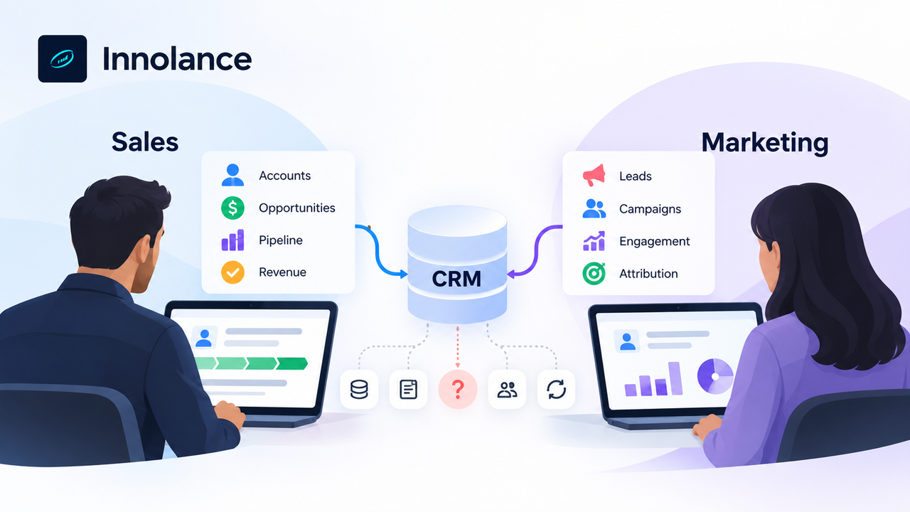 Sales and marketing teams using different CRM data views, with sales focused on accounts, opportunities, pipeline, and revenue while marketing tracks leads, campaigns, engagement, and attribution.
