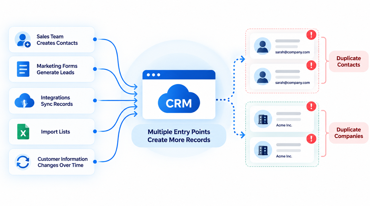 Multiple CRM data entry points creating duplicate contact and company records as teams, integrations, imports, and customer information scale.
