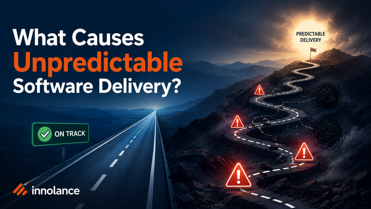 Unpredictable software delivery shown as a winding path with hidden risks and warning signs, contrasting an on-track status with the journey toward predictable delivery.