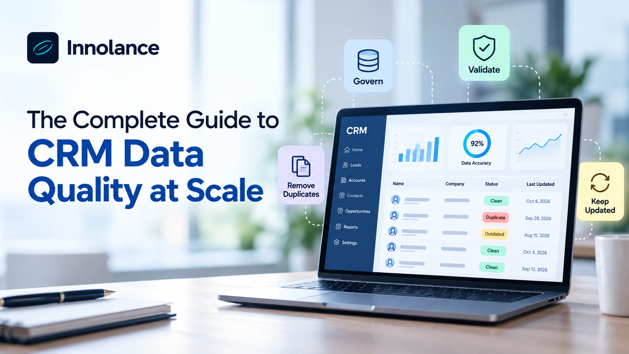 CRM data quality dashboard showing data accuracy, duplicate records, validation, data governance, and record updates to maintain reliable CRM reporting at scale.