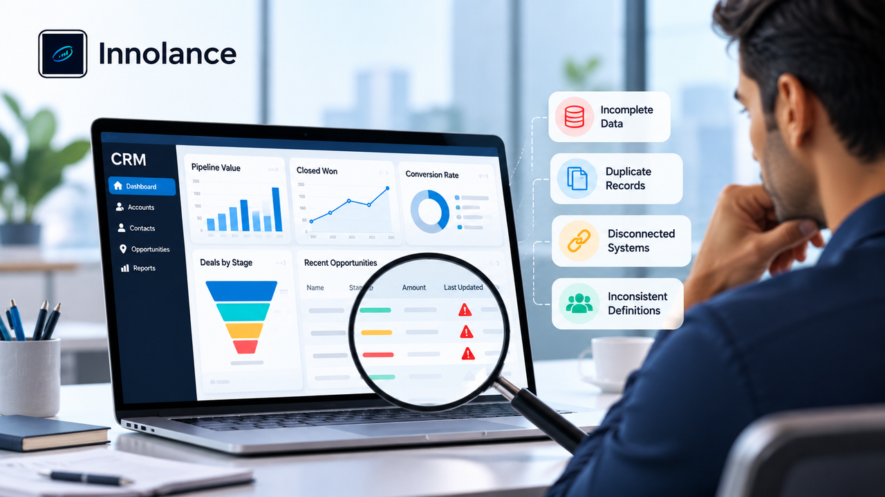 CRM dashboard showing incomplete data, duplicate records, disconnected systems, and inconsistent definitions that can reduce CRM reporting reliability.