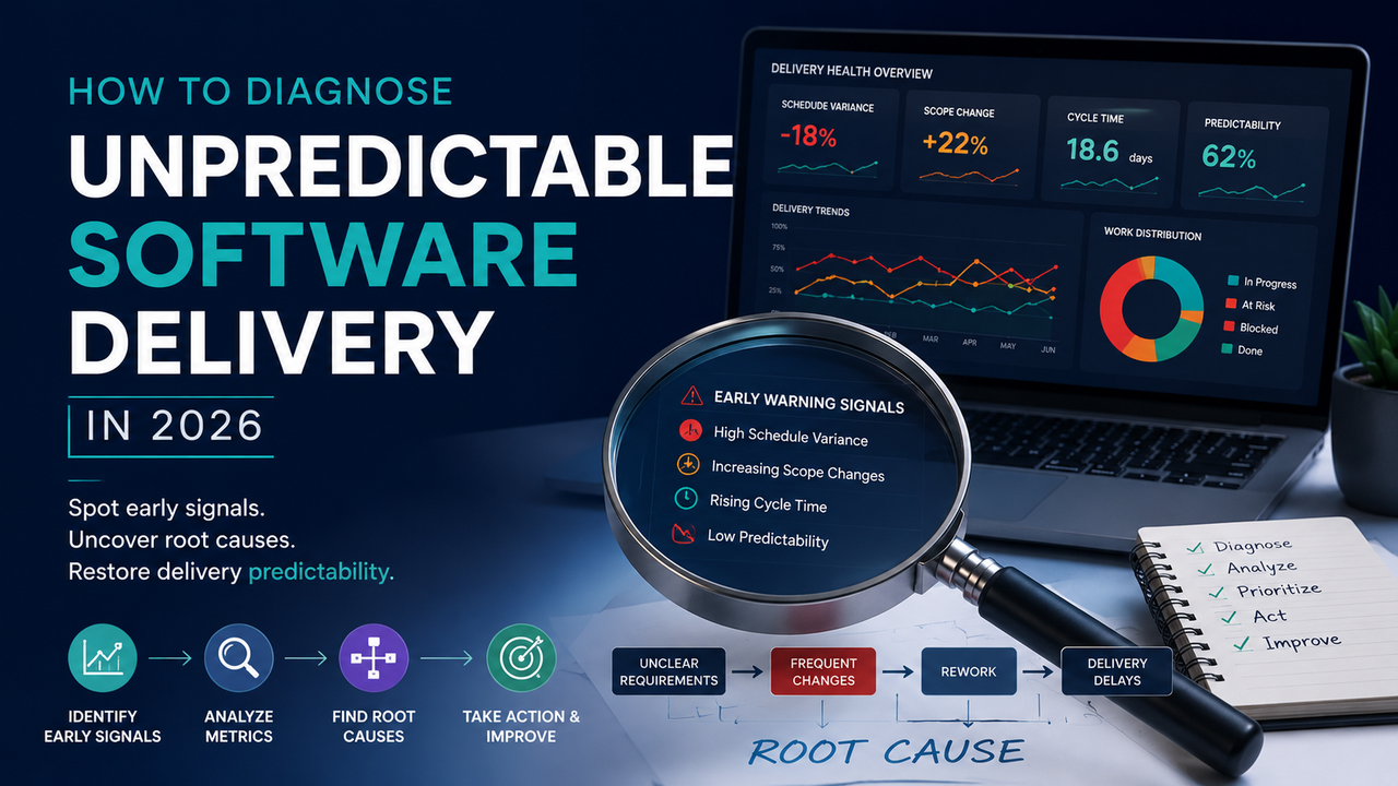 Illustration showing an engineering leader analyzing a software delivery dashboard with delivery metrics, schedule variance indicators, and early warning signals. A magnifying glass highlights root cause analysis while workflow icons represent identifying risks, analyzing delivery performance, prioritizing improvements, and restoring predictable software delivery.