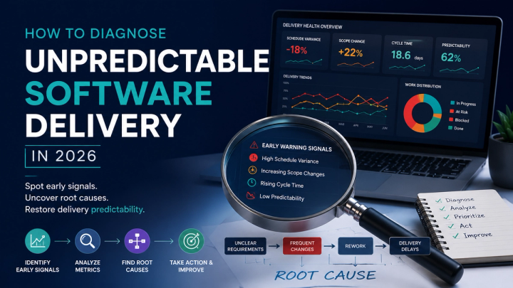 Illustration showing an engineering leader analyzing a software delivery dashboard with delivery metrics, schedule variance indicators, and early warning signals. A magnifying glass highlights root cause analysis while workflow icons represent identifying risks, analyzing delivery performance, prioritizing improvements, and restoring predictable software delivery.