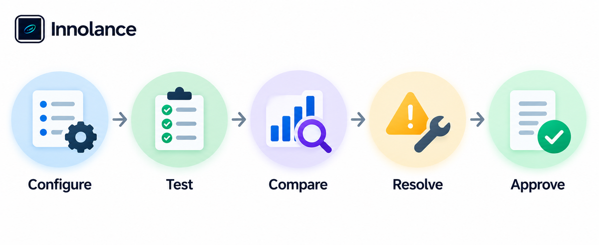 Commission validation workflow showing Configure, Test, Compare, Resolve, and Approve as connected steps for reconciling historical payouts before automation.