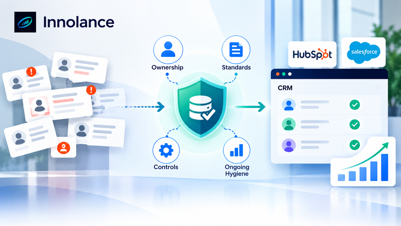 CRM data governance transforming duplicate and inconsistent records into clean, reliable CRM data through ownership, standards, controls, and ongoing hygiene.