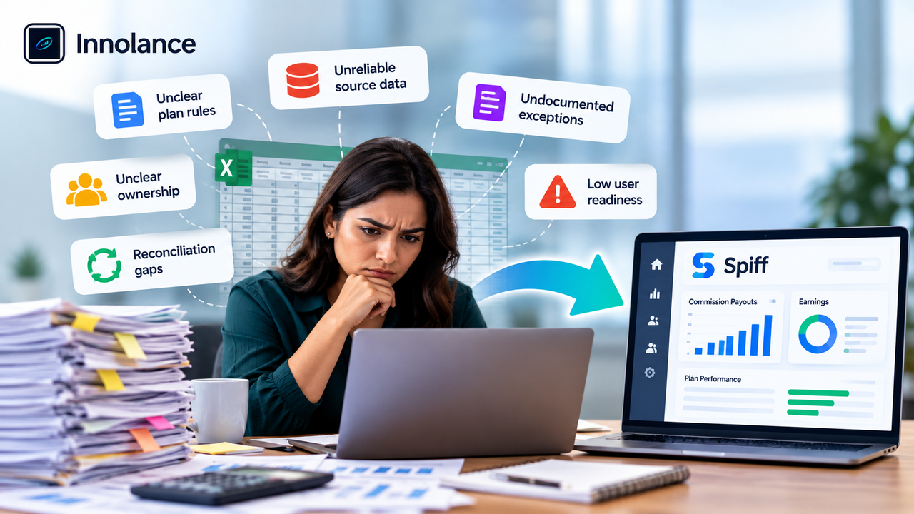 Sales commission process showing unclear plan rules, unreliable source data, undocumented exceptions, unclear ownership, reconciliation gaps, and low user readiness before transitioning to Spiff automation.