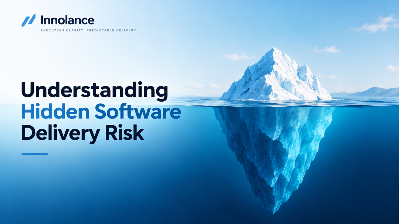 Iceberg illustrating hidden software delivery risk beneath healthy surface metrics, affecting software delivery predictability.