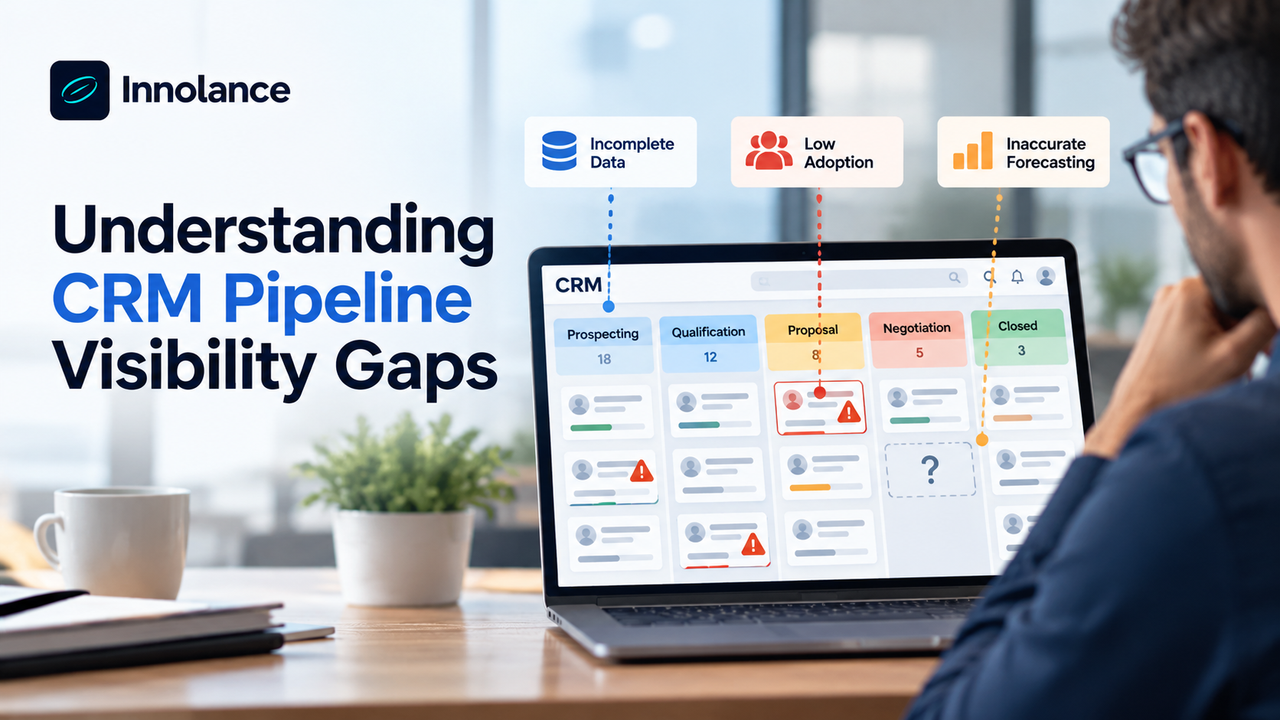 CRM pipeline dashboard showing incomplete data, low CRM adoption, and inaccurate sales forecasting, highlighting visibility gaps across sales pipeline stages.