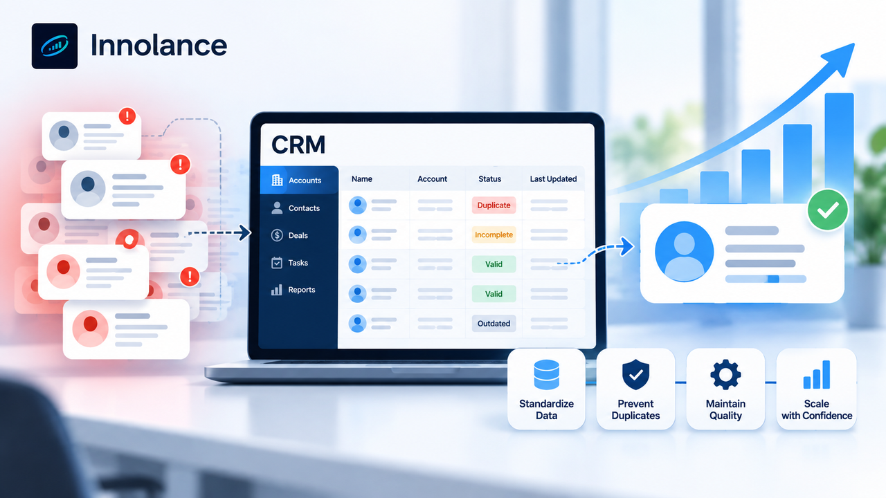 CRM dashboard showing duplicate and incomplete records being standardized into clean, validated data to improve CRM data quality as RevOps teams scale.