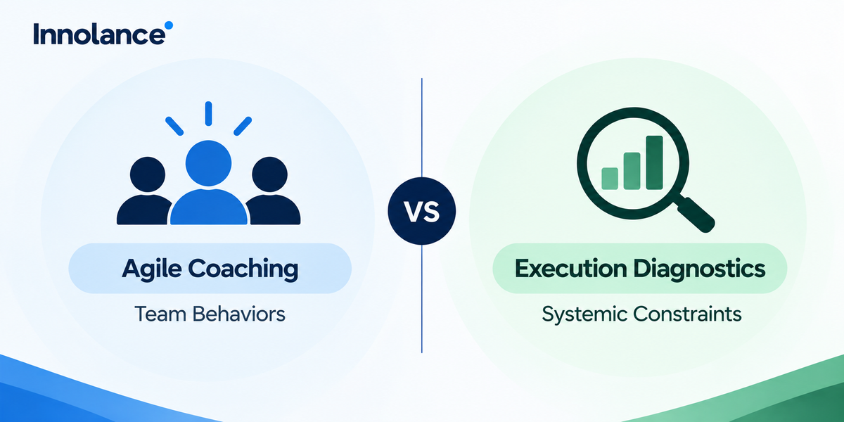 Agile coaching focuses on improving team behaviors, while execution diagnostics uncover systemic constraints affecting software delivery.