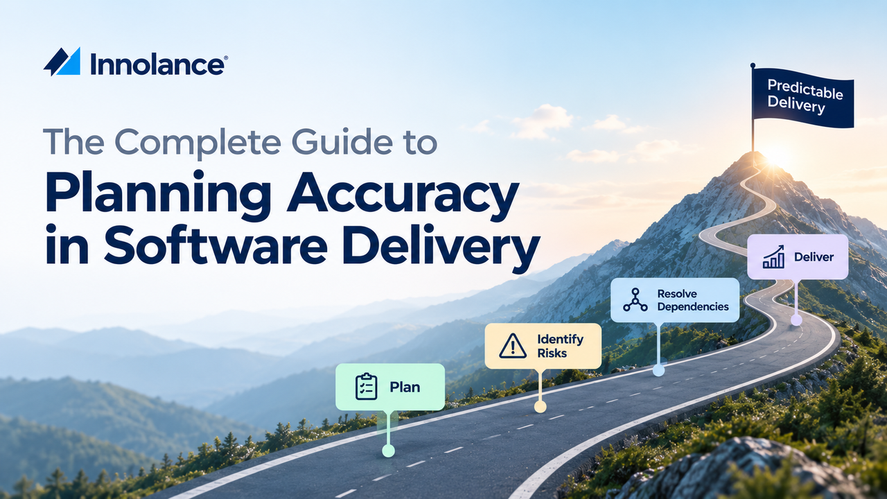 Planning accuracy in software delivery, showing a path from planning and risk identification to resolving dependencies and achieving predictable delivery.