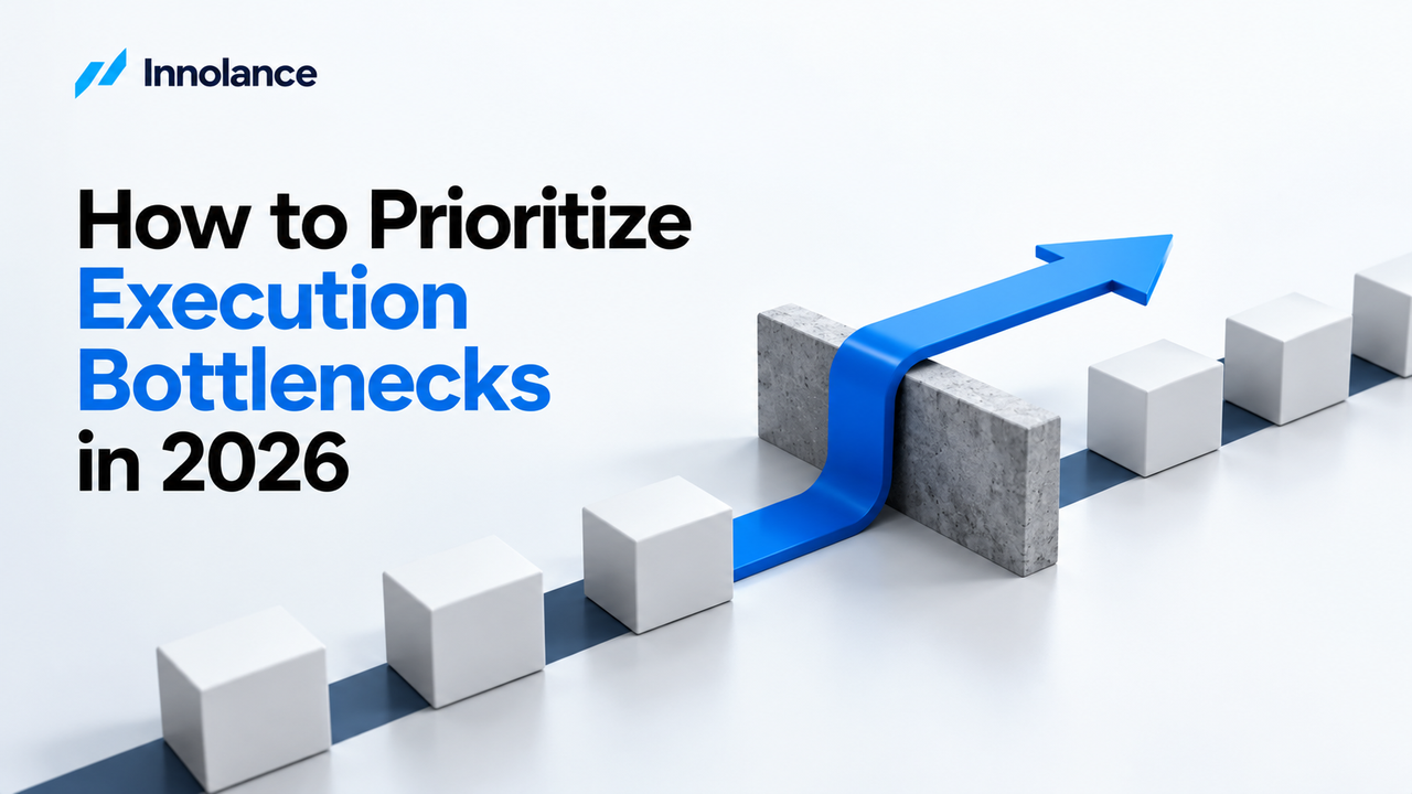 Execution bottleneck represented by a barrier, with a blue arrow showing how prioritizing constraints can improve workflow and delivery performance.