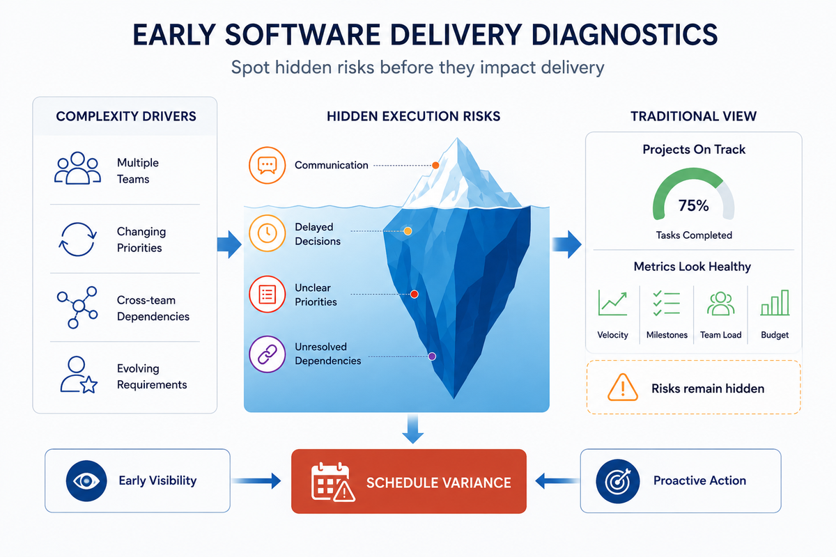 Infographic showing how hidden execution risks affect software delivery. The visual illustrates growing delivery complexity leading to communication gaps, changing priorities, and unresolved dependencies beneath the surface, while project dashboards appear healthy. It emphasizes early software delivery diagnostics to identify risks before they result in project schedule variance and reduced delivery predictability.