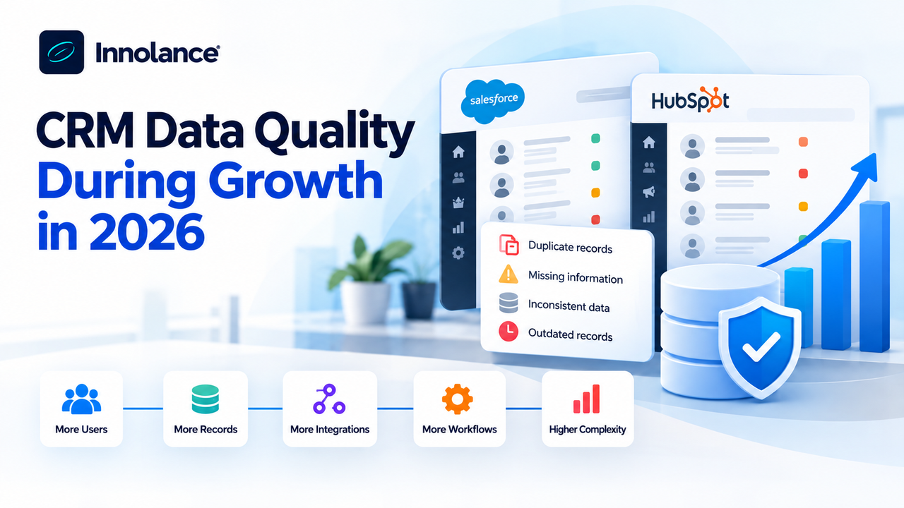 CRM data quality challenges during business growth in 2026, showing Salesforce and HubSpot dashboards with duplicate records, missing information, inconsistent data, and outdated records.