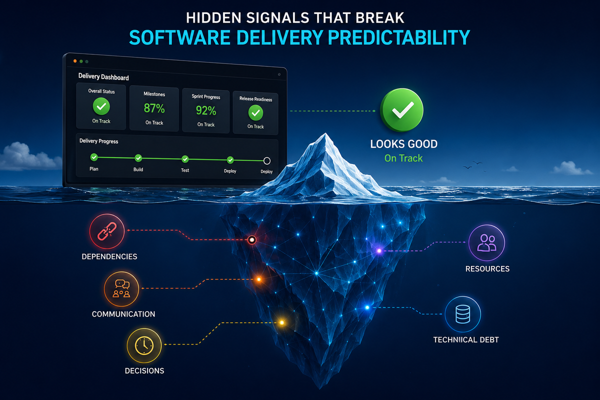 Illustration of an iceberg representing software delivery predictability. Above the water, a dashboard shows projects appearing on track, while below the surface, connected icons highlight hidden execution risks such as dependencies, communication gaps, delayed decisions, resource constraints, and technical debt that can disrupt software delivery.