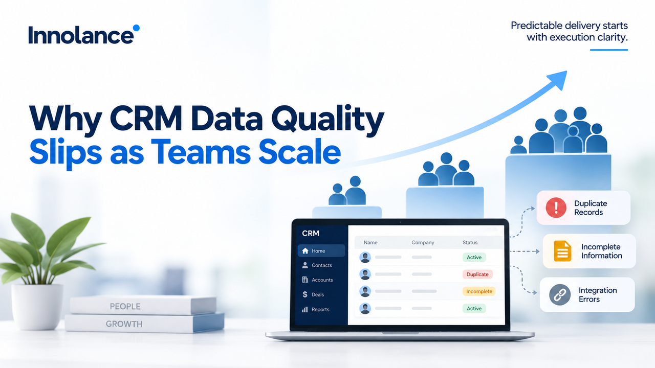 CRM dashboard showing duplicate records, incomplete information, and integration errors increasing as teams scale and CRM data becomes more complex.