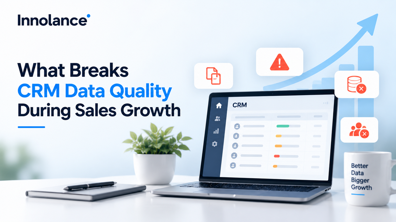 CRM dashboard showing data quality risks such as duplicate records, missing information, and inconsistent customer data as sales growth increases.