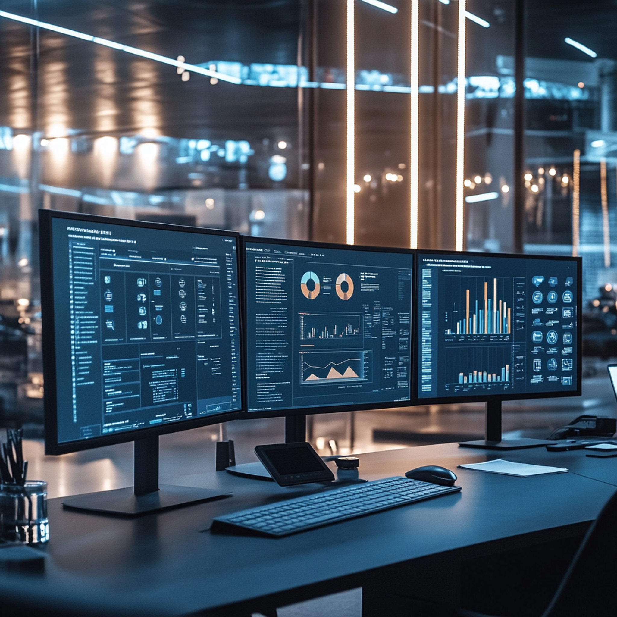 A modern office environment with multiple screens showing conversational AI dashboards, scaling metrics, and global user interactions, representing enterprise-level automation and growth