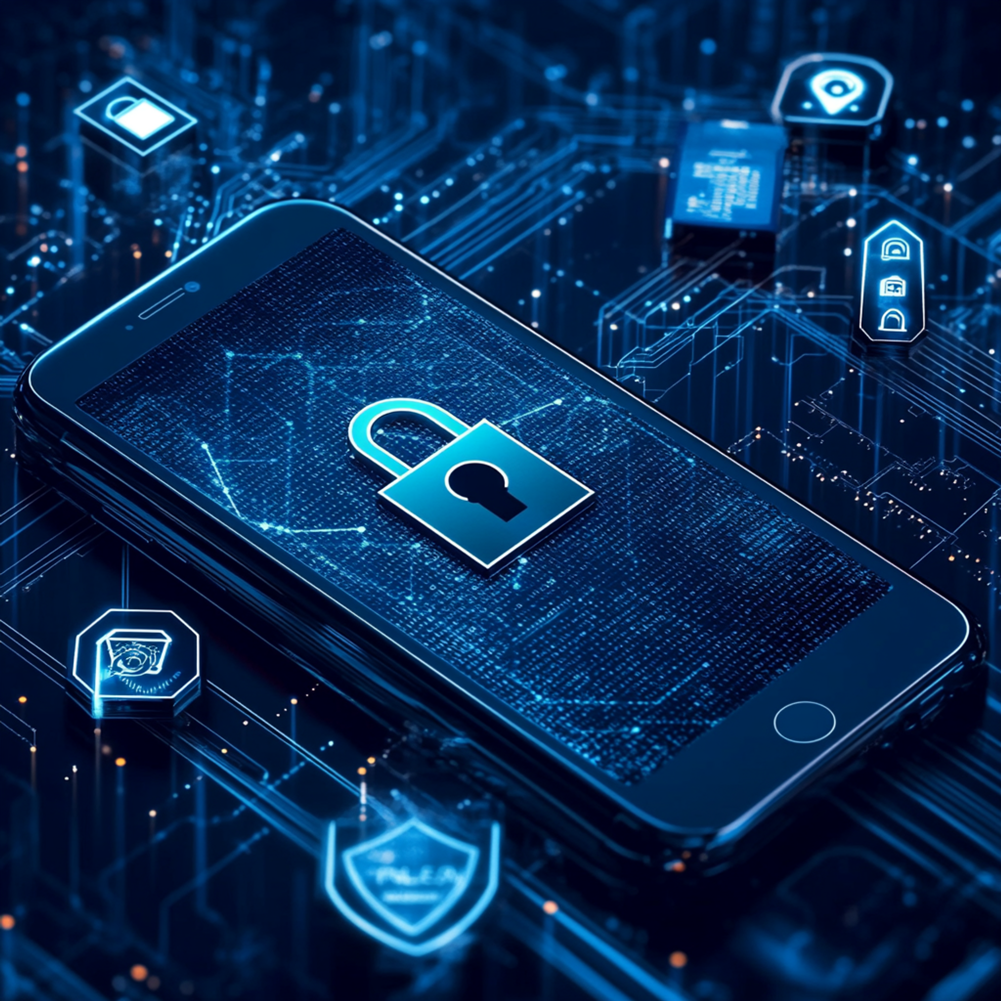 A smartphone screen displaying a large lock icon surrounded by security badges, compliance certificates, and shield symbols, with flowing data streams and encryption patterns in the background, cybersecurity theme with dark blue and silver colors