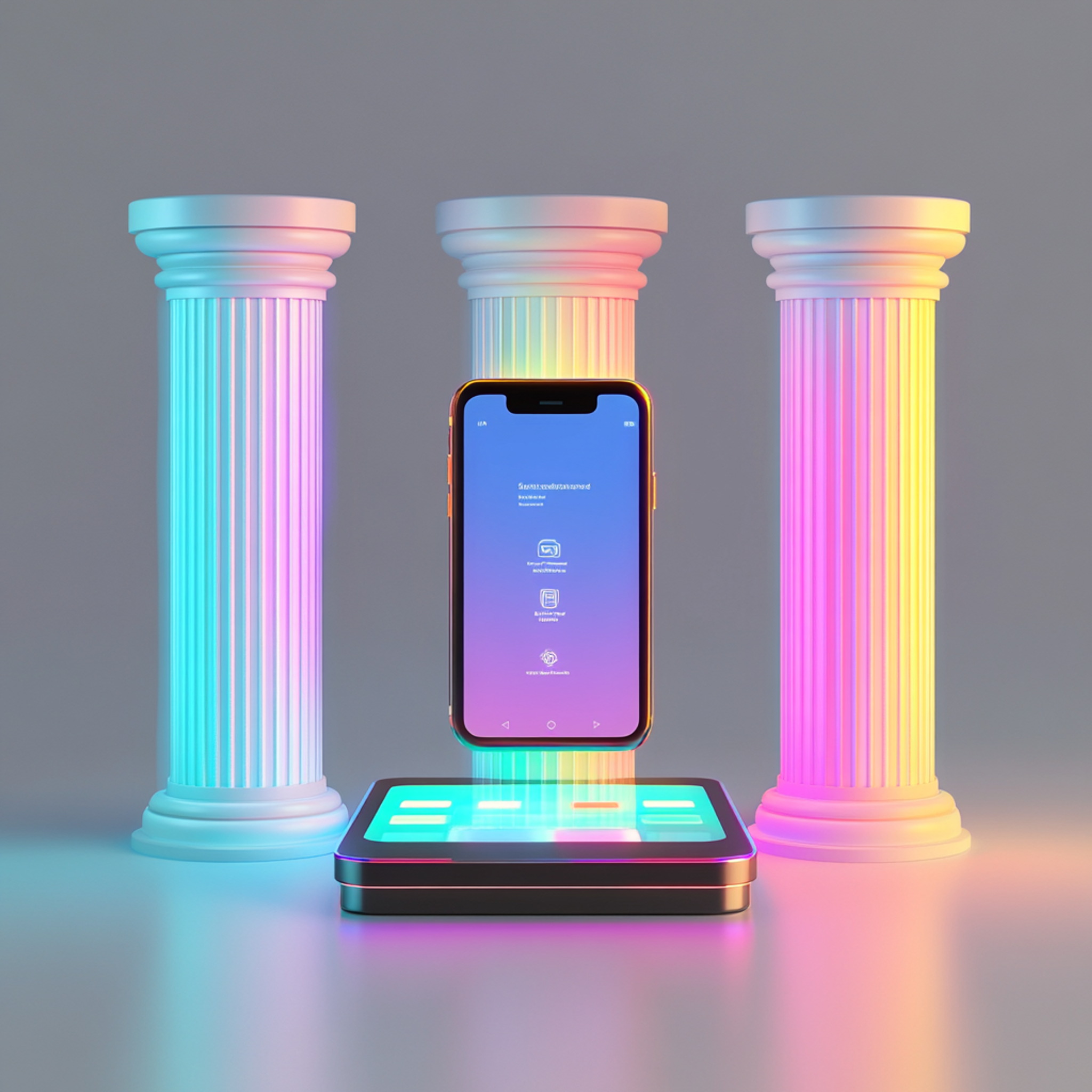 Three modern pillars or columns supporting a smartphone with the App Store, each pillar labeled with different success metrics and glowing with different colors, architectural and tech aesthetic