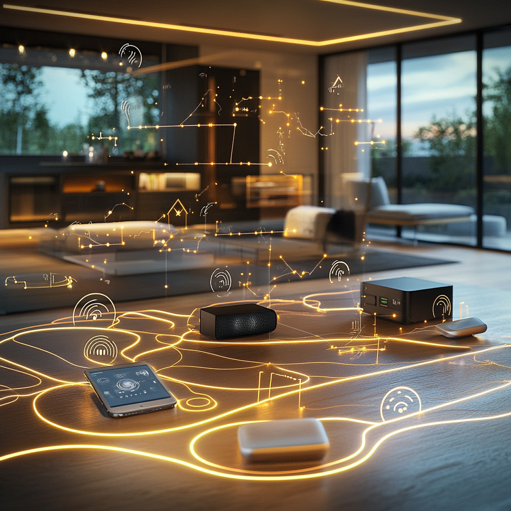 A smart home setup with various connected devices (lights, speakers, thermostats) all connected by flowing lines of light, with a central smartphone controlling everything through voice commands