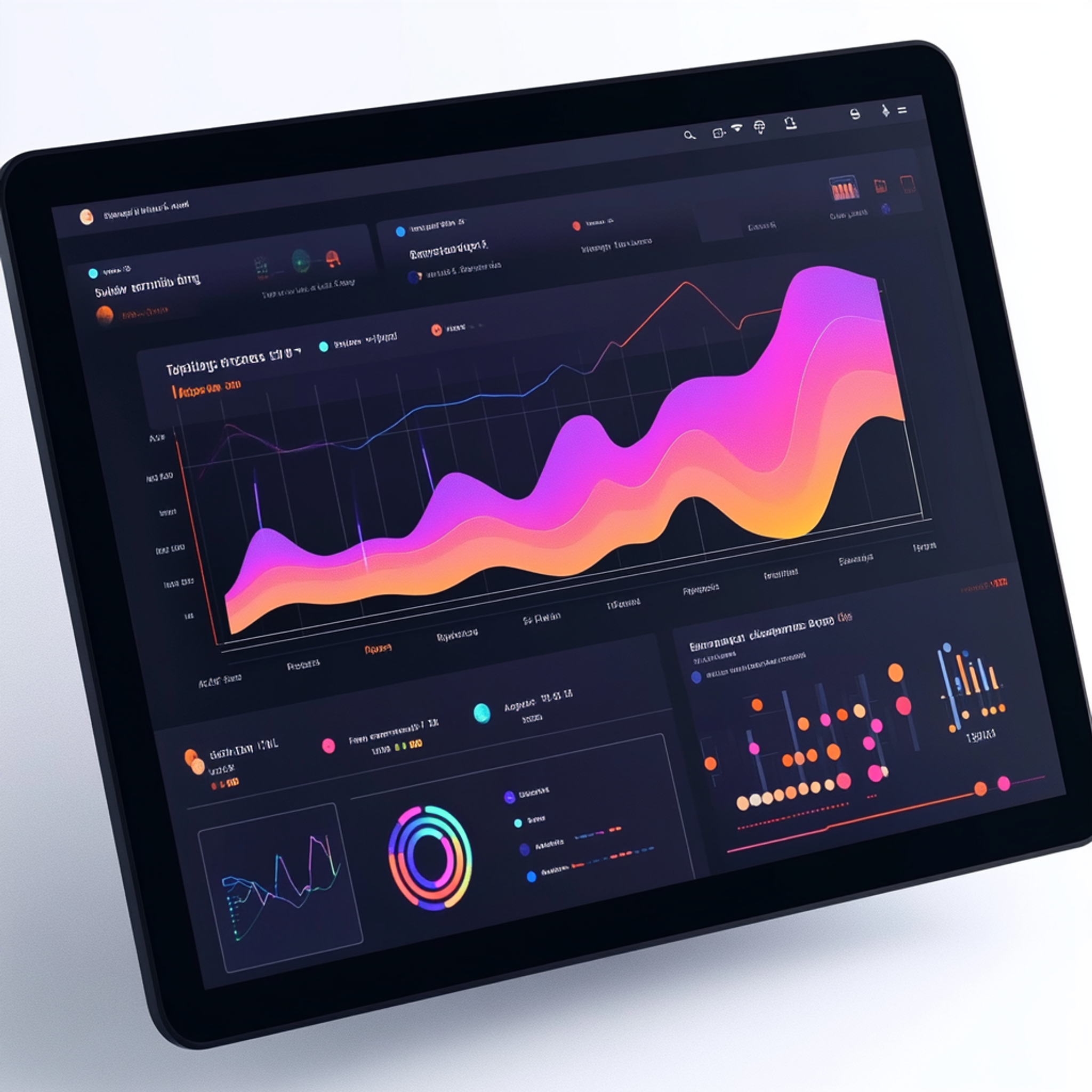 A modern analytics dashboard showing new app metrics like engagement velocity, retention patterns, and user interaction depth, with colorful charts and real-time data visualization